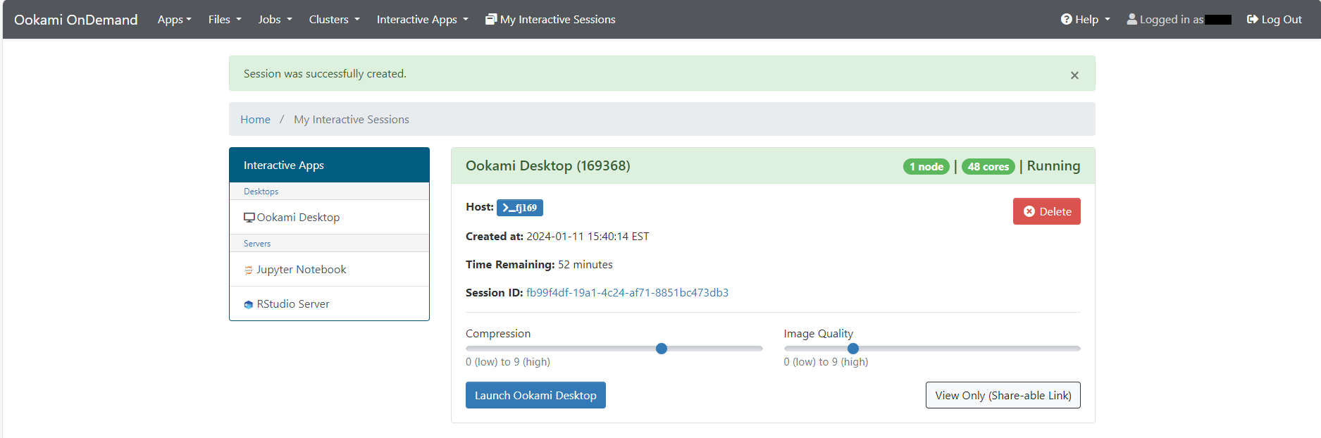 Open OnDemand session card showing a desktop session in the Running state